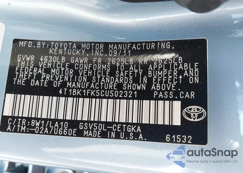 2012 Toyota Camry Xle V6 from USA, damaged, VIN 4T1BK1FK5CU502321